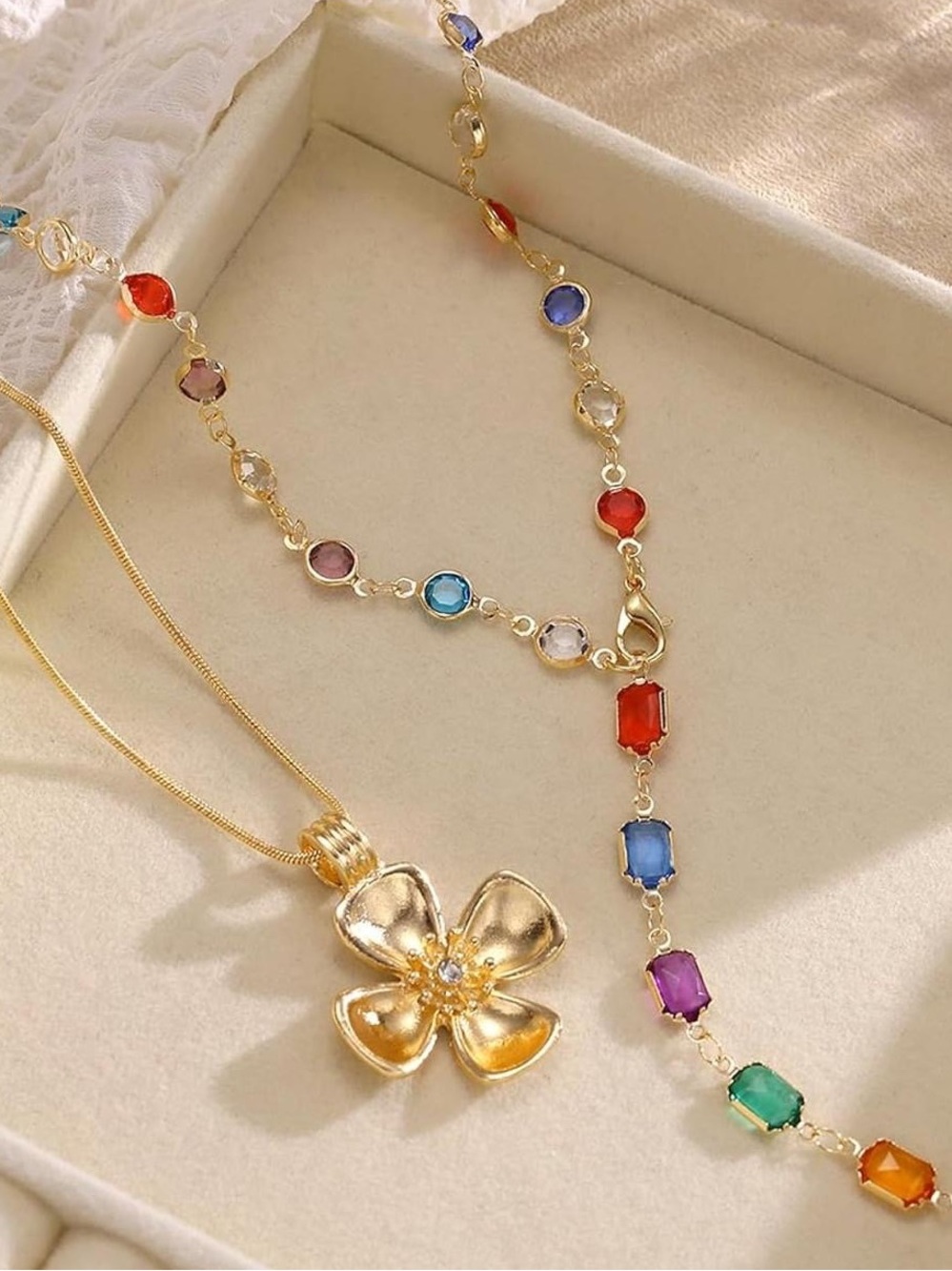 Anthropologie Gold Flower Pendant Necklace with Multi-Color Gem Drops - Picture 3 of 6
